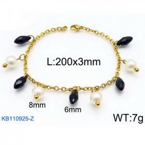 Fashion stainless steel 200 × 3mm O-chain black stone pearl pendant jewelry charm gold bracelet - KB110925-Z