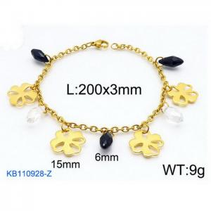 Fashion stainless steel 200 × 3mm O-chain black diamond Four-leaf clover pendant jewelry charm gold bracelet - KB110928-Z