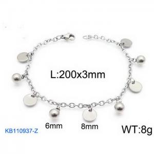 Fashion stainless steel 200 × 3mm O-chain circular sequin round bead pendant jewelry charm silver  bracelet - KB110937-Z