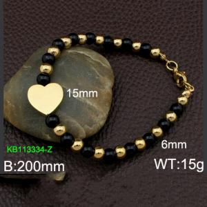 Hand make stainless steel simple style heart charm steel bead 6mm black natural stone gold bracelet - KB113334-Z