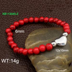 Hand make stainless steel simple style heart charm steel bead 6mm irregular red natural stone silver bracelet - KB113345-Z