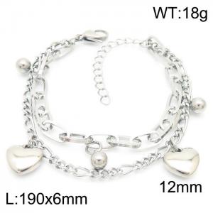 6mm Multilayer Chain Bracelet Women Stainless Steel 304 With Heart and Beads Charm Bracelet Silver Color - KB163889-Z