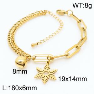 180mm Women Gold-Plated Stainless Steel Double Style Chains Bracelet with Cartoon Bell&Delicate Snowflake Charms - KB165574-Z