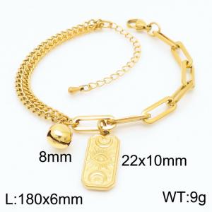 180mm Women Gold-Plated Stainless Steel Double Style Chains Bracelet with Cartoon Bell&Patterned Square Charms - KB165576-Z