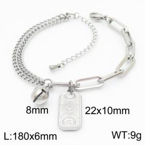 180mm Women Silver Color Stainless Steel Double Style Chains Bracelet with Cartoon Bell&Patterned Square Charms - KB165577-Z