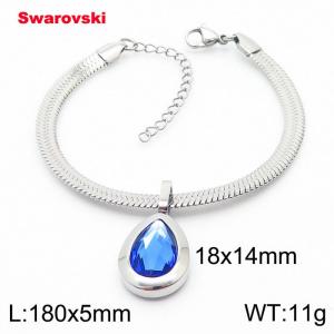 Stainless steel 180X5mm  snake chain with swarovski water drop stone pendant fashional silver bracelet - KB166441-K