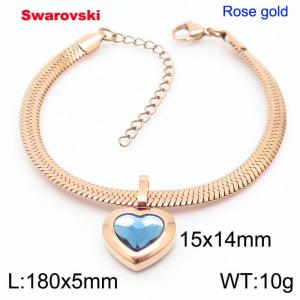Stainless steel 180X5mm  snake chain with swarovski heart stone pendant fashional rose gold bracelet - KB166445-K