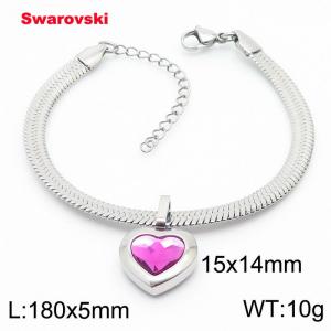 Stainless steel 180X5mm  snake chain with swarovski heart stone pendant fashional silver bracelet - KB166448-K