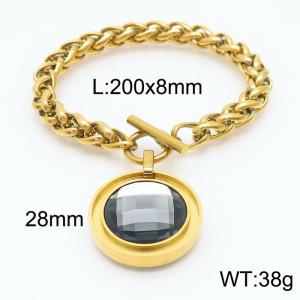 Stainless steel 200x8mm dragonbone chain charm circle clasp classic huge transparent black stone circle pendant gold bracelet - KB168195-Z