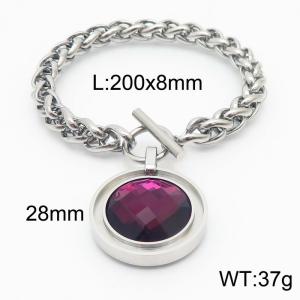 Stainless steel 200x8mm dragonbone chain charm circle clasp classic huge dark red stone circle pendant silver bracelet - KB168196-Z