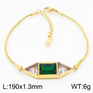 Stainless steel 190X1.3mm snake chain with two transparent stone triangle square green stone charm fashional gold bracelet - KB168266-KLX