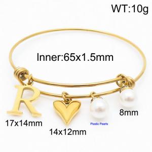 Stylish stainless steel retractable women's pearl bracelet with English letters and a peach heart - KB168752-Z