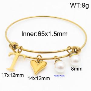 Stylish stainless steel retractable women's pearl bracelet with English letters and a peach heart - KB168756-Z