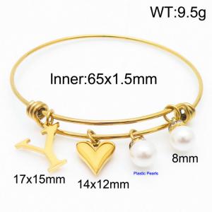 Stylish stainless steel retractable women's pearl bracelet with English letters and a peach heart - KB168766-Z