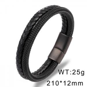 210mm Stainless Steel Leather Chain Magnetic Clasp Charm Bracelet Color Black - KB169412-WGYY