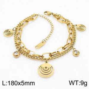 180mm Women Gold-Plated Stainless Steel Double-Chain Bracelet with Round Patterned Charms - KB169659-PY