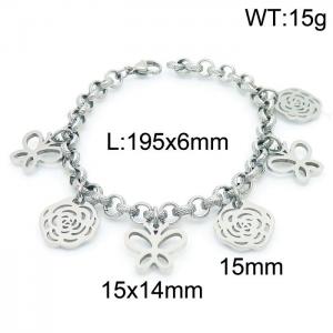 Stainless Steel Chain Bracelet with butterfly and Flower Pendant Color Silver - KB169926-Z