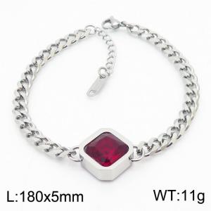 Adjustable Silver Cuban Link Curb Chain Bracelet Stainless Steel With Rectangular Red Gemstone - KB169955-KLX