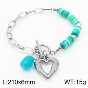 Stainless steel fashionable and minimalist color beaded O-chain hollowed out heart shaped blue bead pendant silver bracelet - KB170233-NJ
