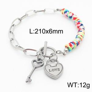 Stainless steel fashionable and minimalist color beaded O-chain heart-shaped key pendant silver bracelet - KB170235-NJ