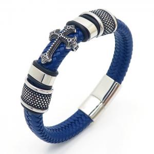 Titanium steel cross blue leather rope woven magnetic buckle men's leather bracelet - KB170741-SJ