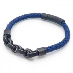 Blue leather rope woven stainless steel ring buckle chain bracelet - KB170752-SJ