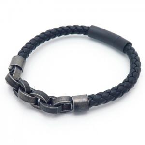 Black leather rope woven stainless steel ring buckle chain bracelet - KB170753-SJ