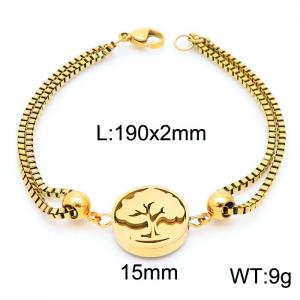 190mm Women Gold-Plated Stainless Steel Box Chain Bracelet with Tree Disc Charm - KB171158-Z