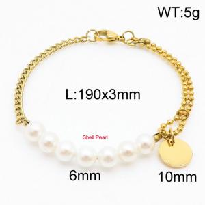 Stainless steel mixed chain connection 6mm white pearl handmade beaded circular logo pendant with lobster clasp fashionable gold bracelet - KB171230-Z