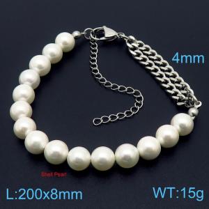 European and American fashion stainless steel 200 × 8mm pearl handmade beaded splicing double layer chain lobster clasp charm silver bracelet - KB179415-ZC