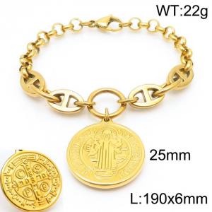 Fashion stainless steel 190×6mm Mixed Splice Chain Hanging God Jesus Statue Oval Pendant Charm Gold Bracelet - KB179499-Z