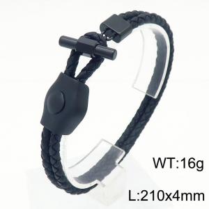 Double layer leather rope woven stainless steel plated black creative OT buckle leather bracelet - KB179915-JR
