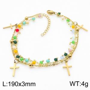 Multi layer cross titanium steel bracelet with mixed color rice bead chain - KB179932-MW