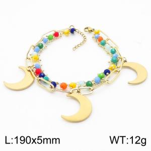 Multi layer titanium steel 5mm moon bracelet with mixed color rice bead chain - KB179940-MW