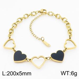200mm Gold-Plated Women Stainless Steel Black Enamel Love Heart Links Bracelet - KB182742-SP