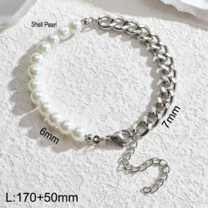Silver Color Shell Pearl Cuban Chain Splice Chain Stainless Steel Bracelet For Women - KB183952-Z