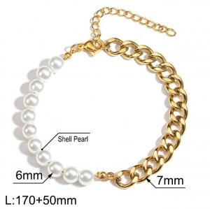 Gold Color Shell Pearl Cuban Chain Splice Chain Stainless Steel Bracelet For Women - KB183954-Z