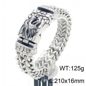 Punk style retro personalized stainless steel 210 x 16mm thick double row woven chain with carved dragon head pattern rectangular buckle, domineering silver bracelet - KB184384-KJX