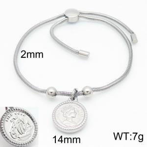 Silver Color Snake Bones Chain Beads Round Pendant Stainless Steel Bracelet For Women - KB184661-Z