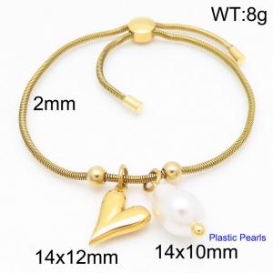 Gold Color Snake Bones Chain Beads Peach Heart Shell Pearl Pendant Stainless Steel Bracelet For Women - KB184662-Z