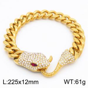 European and American fashion personality stainless steel 225 × 12mm Cuban chain splicing red eyes full of diamond snake head buckle temperament gold bracelet - KB185251-MZOZ
