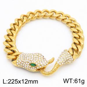 European and American fashion personality stainless steel 225 × 12mm Cuban chain splicing green eyes full of diamond snake head buckle temperament gold bracelet - KB185252-MZOZ