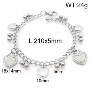 5mm Beads Link Chain Stainless Steel Bracelet With Heart Pendant Silver Color - KB185330-Z