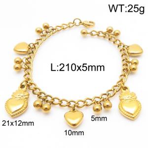 5mm Beads Link Chain Stainless Steel Bracelet With Heart Pendant Gold Color - KB185333-Z