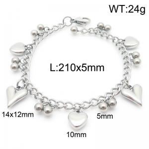 5mm Beads Link Chain Stainless Steel Bracelet With Heart Pendant Silver Color - KB185334-Z