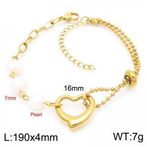 4mm Prastic Pearls Link Chain Stainless Steel Bracelet With Heart Pendant Gold Color - KB185345-Z