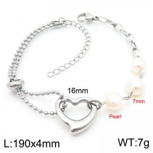 4mm Prastic Pearls Link Chain Stainless Steel Bracelet With Heart Pendant Silver Color - KB185346-Z