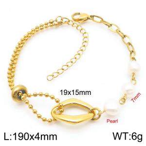 4mm Prastic Pearls Link Chain Stainless Steel Bracelet With Geometric Pendant Gold Color - KB185349-Z