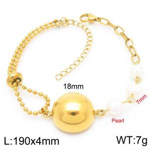 4mm Prastic Pearls Link Chain Stainless Steel Bracelet With Round Pendant Gold Color - KB185351-Z