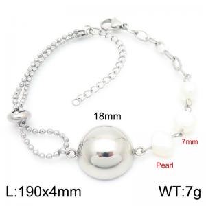 4mm Prastic Pearls Link Chain Stainless Steel Bracelet With Round Pendant Silver Color - KB185352-Z